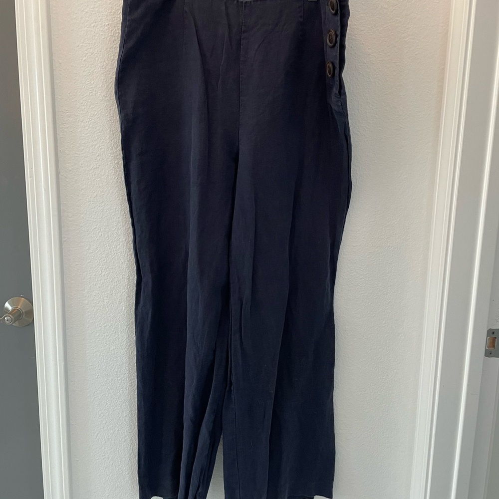 Boden Linen Navy Slacks with Side Button Detail